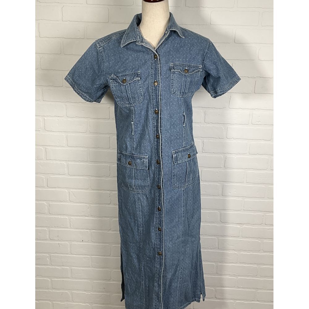 Jane Ashley Shirt Dress Women Medium Blue White Fleck Denim Logo Button‎ Casual